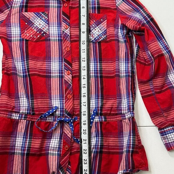 Justice Girls 14 Plaid Button Down Shirt Red Blue Long Sleeve Tie Waist Fall - Picture 5 of 9